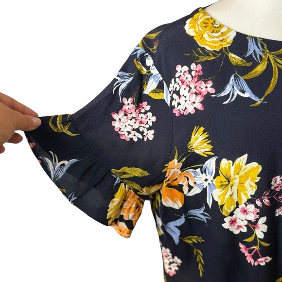 LOFT Navy Floral Blouse Large Ruffle Short Sleeve Cottagecore Bloomcore Flower - Picture 3 of 9